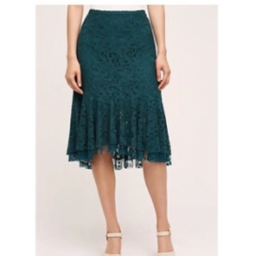 Anthropologie Teal Lace Asymmetrical Hem Skirt
